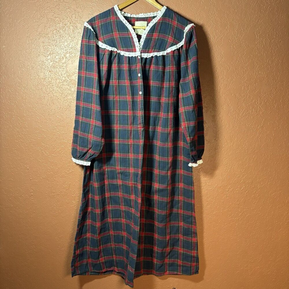 Vtg Flannel Lace Erika Taylor Red Plaid Country Granny Nightgown Cotton Large